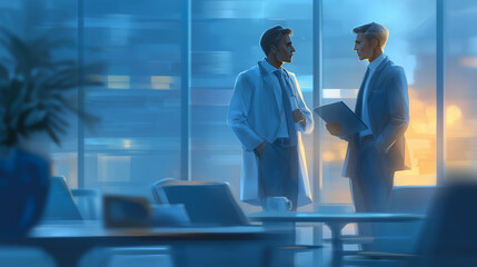 A young doctor seeks advice from a coworker in a staff room