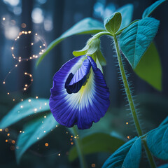 Blue iris flower blooming in a vibrant garden with natural spring colors and tropical beauty