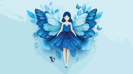 Butterfly Girl in Blue Dress Flat Vector Illustration