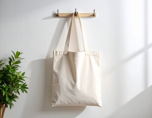 Eco-Friendly Tote Bag on the Wall: A sustainable, eco-friendly tote bag hangs elegantly on a wall, next to a small indoor plant, casting soft shadows against the backdrop.
