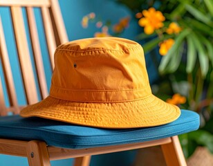 Yellow Hat on a Chair: A vibrant yellow bucket hat sits atop a wooden chair. Captured with attention to the texture, composition and the light