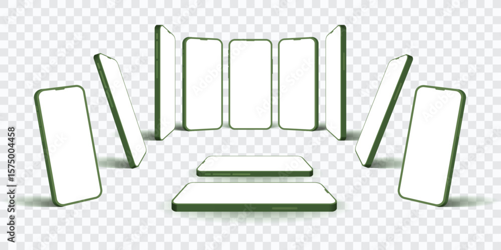 Poster 3d realistic smartphone mockup set – green mobile phones with blank white screens in multiple angles