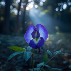 Blue iris flower blooming in a vibrant garden with natural spring colors and tropical beauty