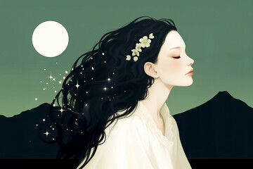Dreamy woman under full moon with sparkling hair