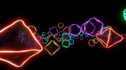 Neon geometric shapes in abstract style, in vibrant colors, representing data flow, against a dark background  - Powered by Adobe