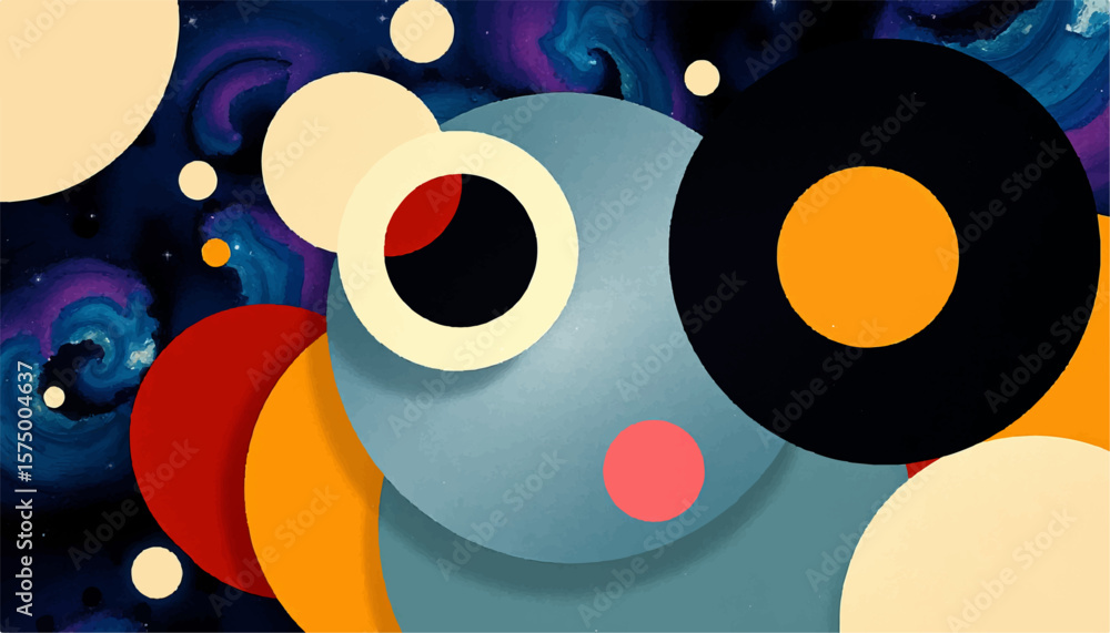 Poster modern abstract background featuring vibrant circles set against a dreamy galactic, nebula-filled sp