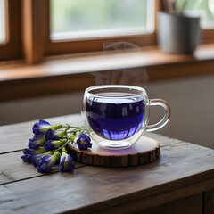Cup of tea with fresh flowers on a white morning table
