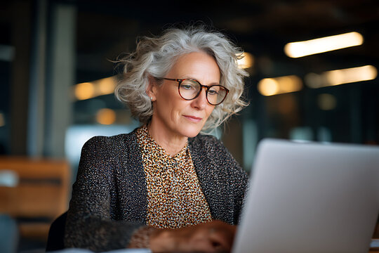 Mature woman with gray hair wearing glasses working on a laptop in an office