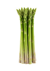 A neatly bundled bunch of vibrant, fresh green asparagus stalks, 8-12 spears, slender and upright, with tender tips and smooth texture, isolated on a pristine plain white studio background with