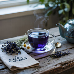 Cup of tea with fresh flowers on a white morning table