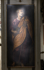 Painting of Saint Peter with keys and staff from Santa Maria dei Servi church in Padua, Italy, showcasing Baroque religious art.