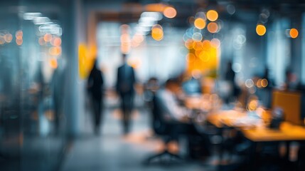 Fototapeta premium Abstract portrayal of a modern office environment with blurred figures and warm, inviting light fixtures ambiance.