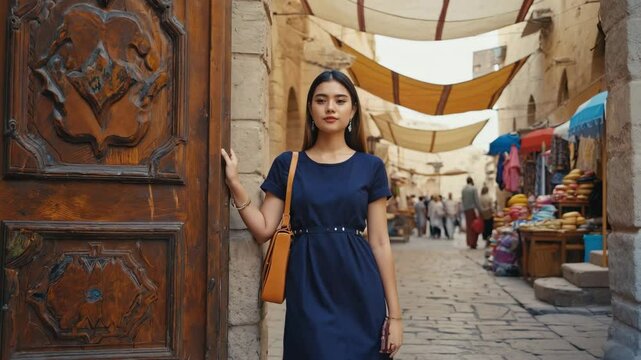 
Female tourist stands by wooden door on traditional market street
