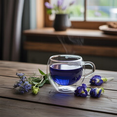 Cup of tea with flowers on a table in the morning light