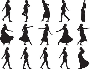Collection of Pregnant Woman Silhouettes in Various Poses, Expecting Motherhood and Maternity Concept