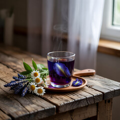 Cup of tea with flowers on a table in the morning light