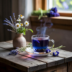 Cup of tea with flowers on a table in the morning light