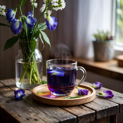 Cup of tea with flowers on a table in the morning light