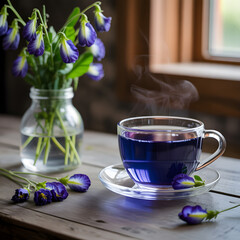 Cup of tea with flowers on a table in the morning light