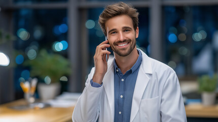 Cheerful doctor using phone in hospital office with soft lighting