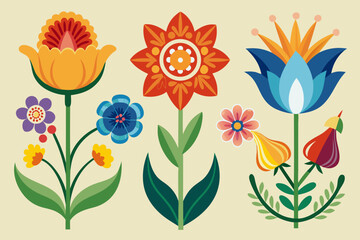 6 Stylized Folk Art Flower Silhouette Vector Set