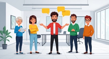 Group of coworkers in an office setting with speech bubbles above one individual