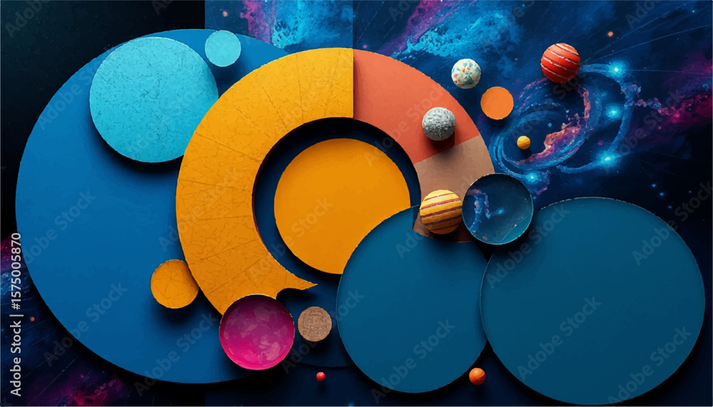 Aufkleber geometric shapes create an abstract galaxy of colorful circles, spheres, and celestial cosmic patter