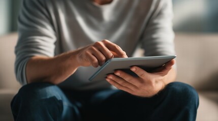 Engaging in Digital Interaction: A Close-Up of a Person Using a Tablet to Navigate Applications and Content in a Cozy Setting
