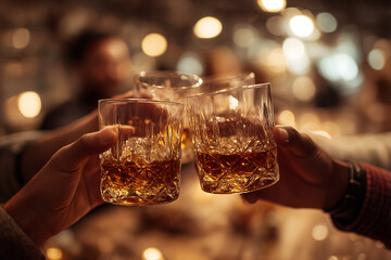 Friends clinking glasses of whiskey together in celebration with bokeh lights
