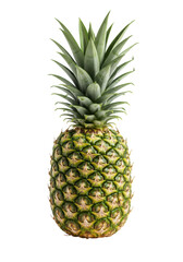 A single, whole, perfectly ripe pineapple with a vibrant green crown and yellowish-green textured skin, symmetrical, on a transparent isolated background with no shadows, 3/4 view, high-quality