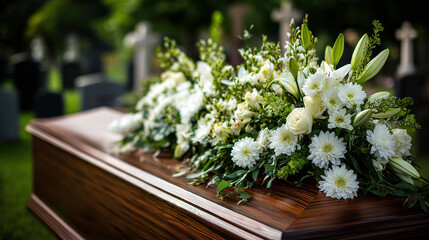 A Serene Floral Tribute Adorning a Wooden Casket Surrounded by Lush Greenery in a Peaceful Cemetery Setting