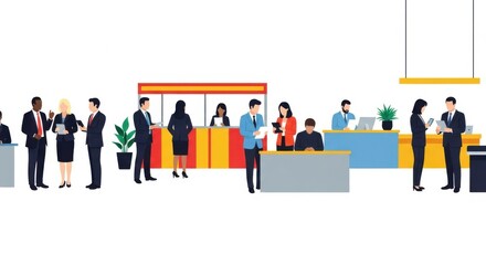 Illustration depicting a bank or office setting with various individuals