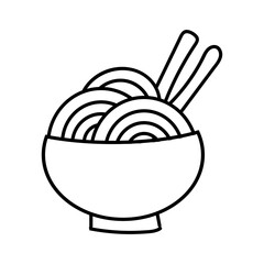 Simple line art drawing of a bowl of noodles with chopsticks isolated on white background