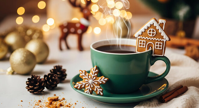 A festive christmas scene with a cup of coffee, gingerbread cookies, pine cones, and ornaments creating a cozy holiday atmosphere - Powered by Adobe