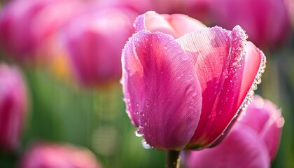 Obraz premium close up of a vibrant pink tulip with dew drops after rain