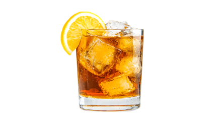 Refreshing iced tea with a lemon slice and condensation on the glass isolated on ta ransparent background