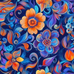 Floral pattern with vibrant orange and blue flowers