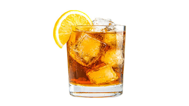 Refreshing iced tea with a lemon slice and condensation on the glass isolated on ta ransparent background