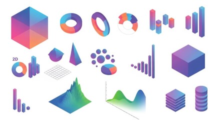 Isometric data visualization elements including charts and geometric shapes