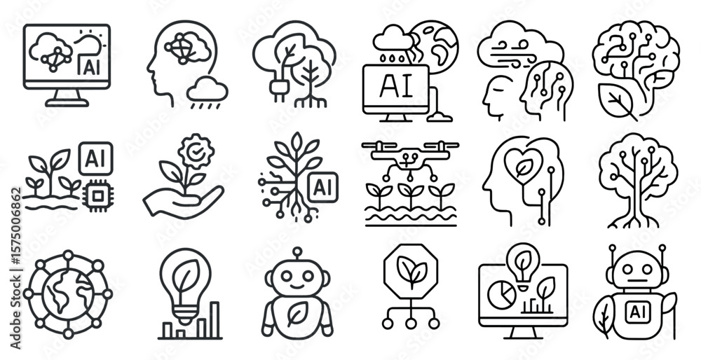 Poster series of icons for technology and ai. the icons include a robot, a computer monitor, a tree, and a 