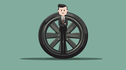Businessman Car Wheel Mascot Flat Vector Illustration