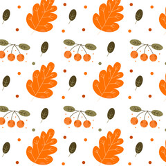 Cozy and cute simple pattern of autumn leaves in warm colors on a white background