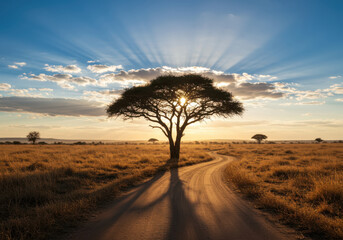 Serengeti acacia tree bathed in golden sunset rays with a winding dirt road