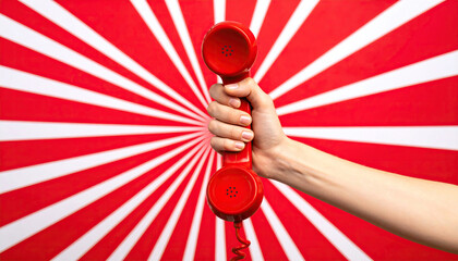 Hand holding a red telephone receiver against a red and white background