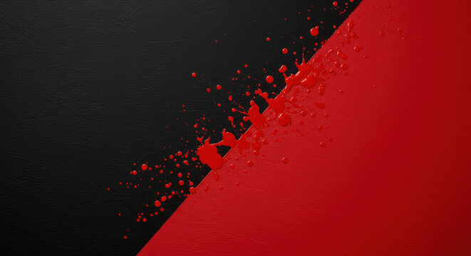 Abstract contrast vivid red paint splatters across a textured black surface with a diagonal divide