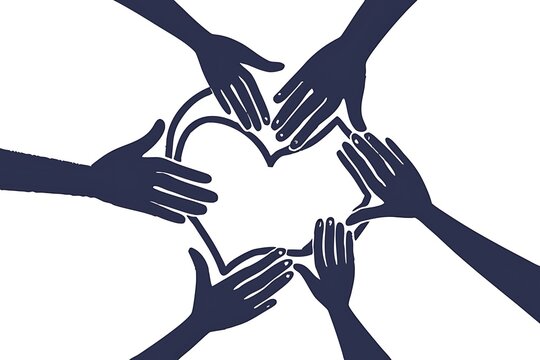 Multiple hands forming a heart shape together isolated on white background