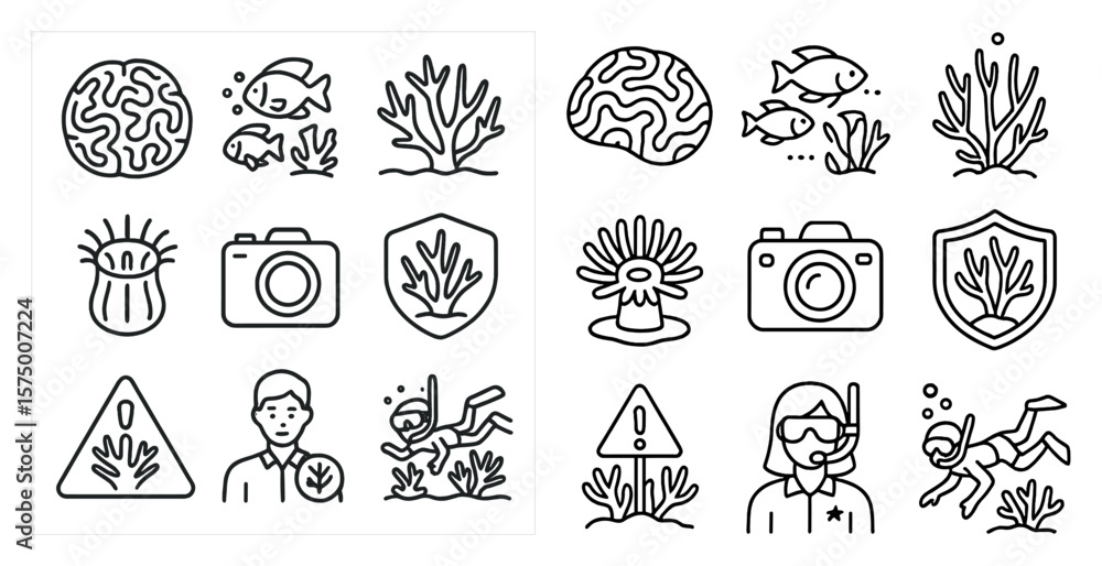 Poster the image is of a set of icons for various underwater activities. the icons include a fish, a camera