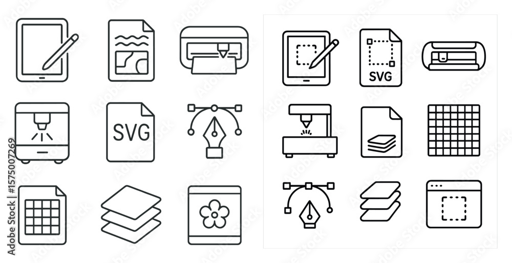 Poster line drawing of a computer keyboard with a pen and paper. the keyboard is on the left and the pen an