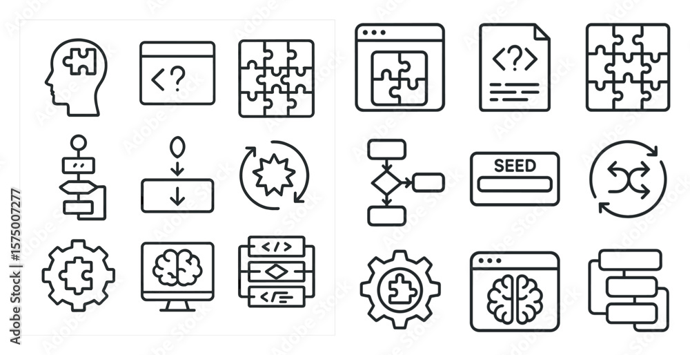 Poster set of icons for a computer program. the icons include a brain, a computer monitor, a keyboard, a mo