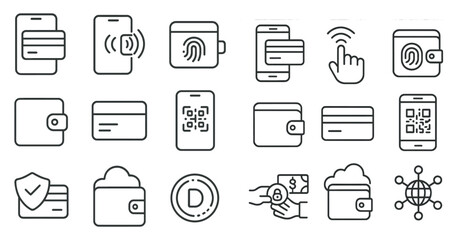 Set of icons for mobile devices that include a phone, a wallet, a credit card, a fingerprint scanner, and a QR code